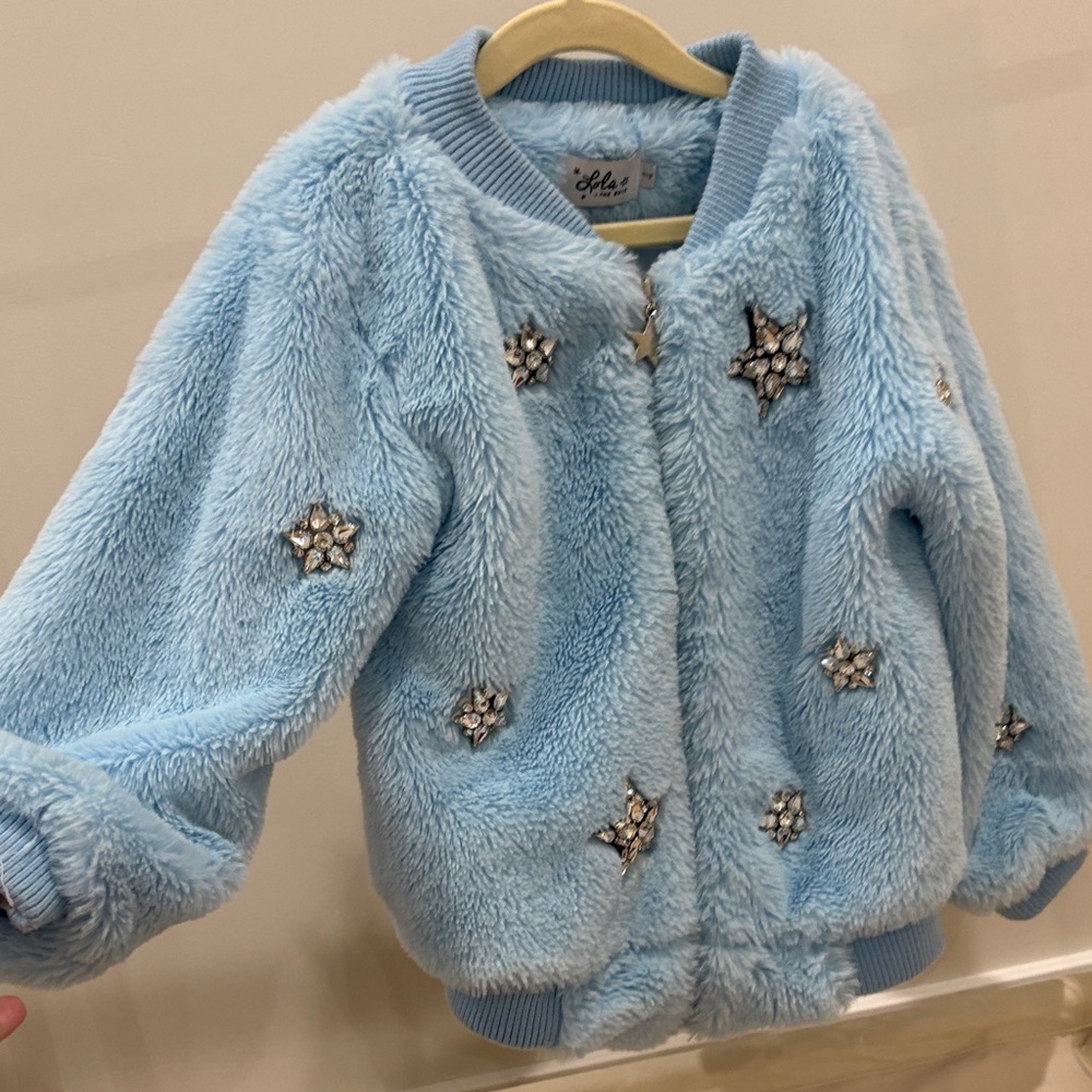 Lola + The Boys Blue Faux Fur Jacket with Star Embellishments